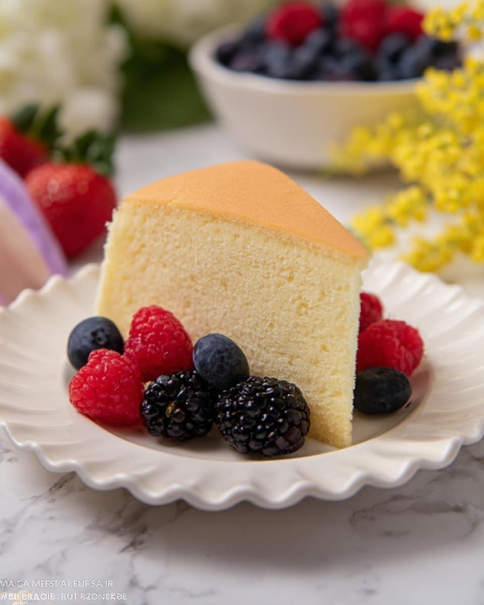 A single slice of fluffy, light yellow sponge cake with a smooth, light brown top layer is placed in the center of a white scalloped plate. Around this slice are fresh berries: bright red raspberries, dark blue blueberries, and a cluster of shiny blackberries, adding vibrant color contrast to the pale cake. The plate sits on a white marbled surface, with blurred yellow flowers visible on the right side and a bowl of mixed berries faintly in the background on the left. Photo taken with an iphone --ar 4:5 --v 7