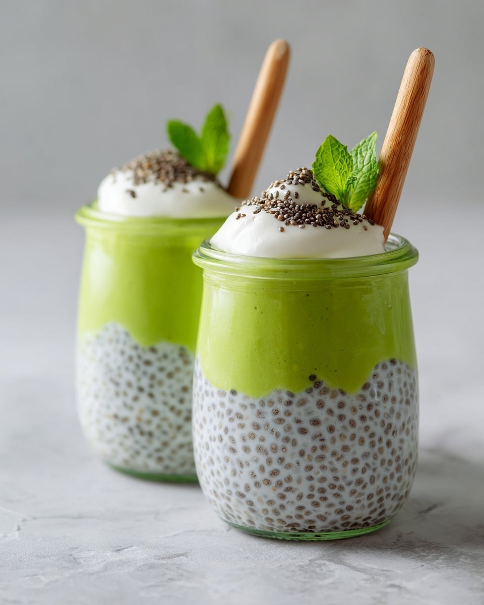 The image shows two small clear glass jars filled with a three-layer dessert placed on a white marbled surface. The bottom layer is white chia pudding with visible black chia seeds distributed evenly throughout. The middle layer is bright green and smooth, likely a matcha or avocado cream, sitting directly on the chia layer. The top layer consists of a dollop of white cream, with a generous sprinkle of tiny black chia seeds on it, along with a small fresh green mint leaf on one jar. Each jar has a light brown wooden spoon inserted vertically into the dessert. The overall look is fresh, healthy, and inviting. photo taken with an iphone --ar 4:5 --v 7