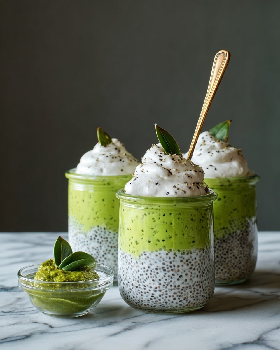 The image shows three glass jars filled with a dessert that has three layers. The bottom layer is white with black chia seeds, giving it a speckled texture. The middle layer is thick and smooth, bright green in color, looking creamy. The top layer is white whipped cream with small black seeds sprinkled all over it. One jar has a gold spoon standing upright in the whipped cream. In front of the jars, there is a small glass bowl with green paste and two green leaves on top. The jars are placed on a white marbled surface with a dark, plain background. photo taken with an iphone --ar 4:5 --v 7