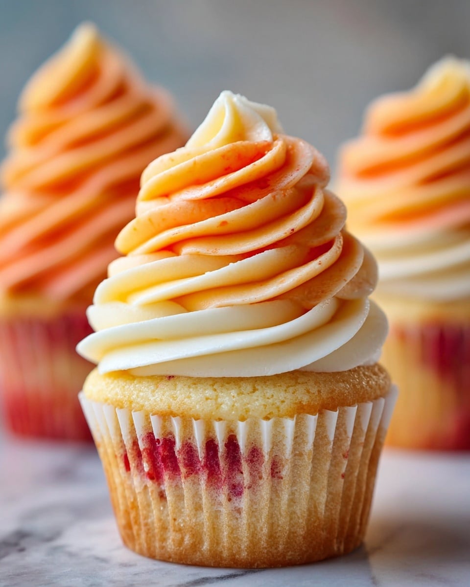 A close-up shot of a vanilla cupcake with red berry spots baked inside, topped with three swirled layers of creamy frosting: the bottom layer is white, the middle layer is light orange, and the top layer is a deeper orange, all smoothly textured and piled high in a twist. In the background, two more cupcakes with the same frosting style are slightly blurred. The cupcakes are placed on a white marbled surface. photo taken with an iphone --ar 4:5 --v 7