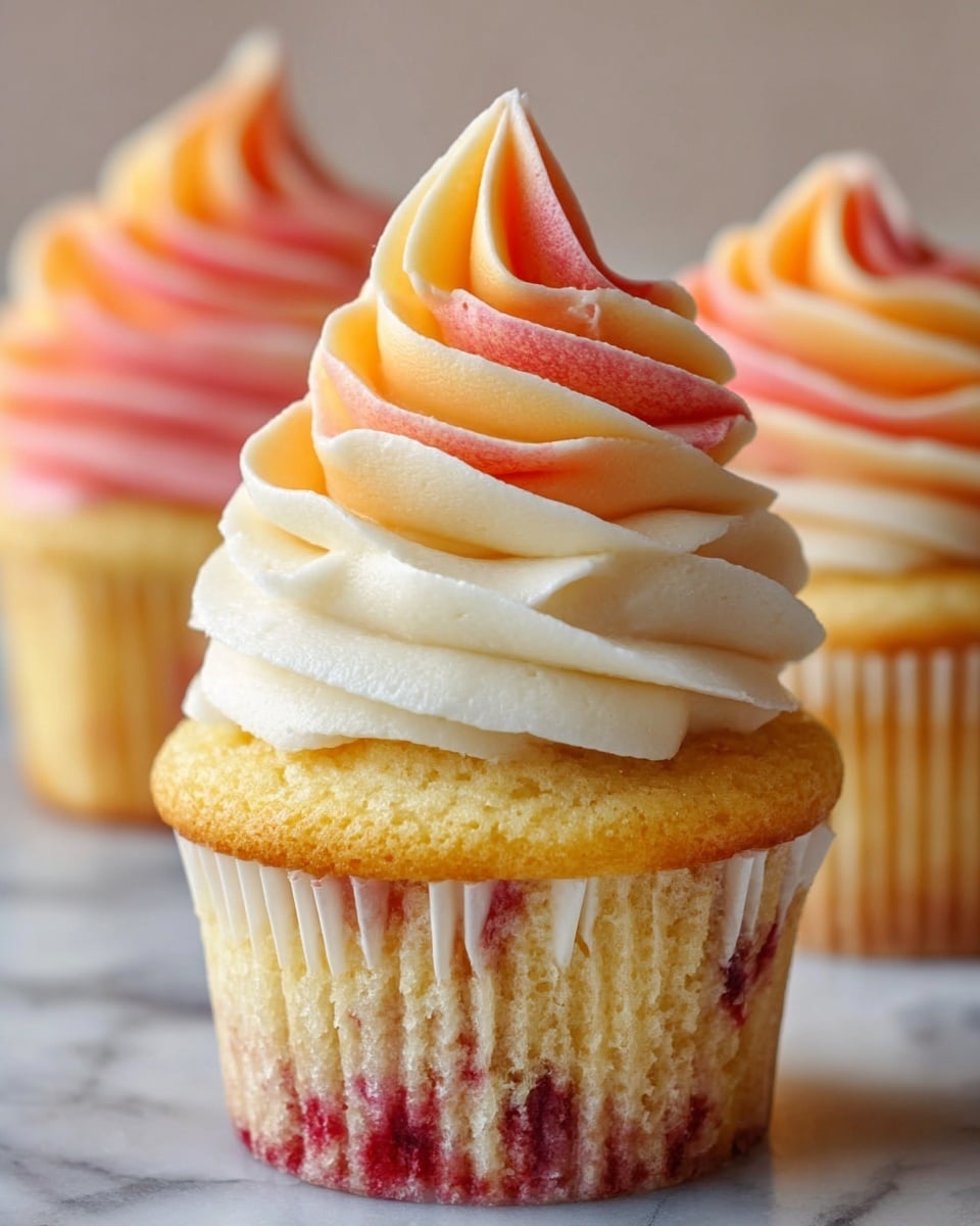 A close-up of a cupcake with three main layers: at the bottom, a yellow sponge cake with visible red berry bits inside, wrapped in a white ridged paper liner; above the cake, a thick swirl of smooth white frosting forming the base layer; on top, a taller swirl of soft, creamy frosting blending orange, pink, and yellow colors, creating a gentle gradient with a light and airy texture. In the background, two more cupcakes with similar frosting are slightly out of focus on a white marbled surface. photo taken with an iphone --ar 4:5 --v 7