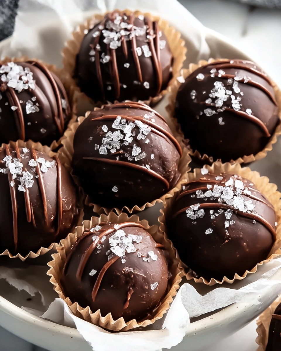A close-up view of round chocolate truffles arranged on white parchment paper in a white bowl. Each truffle is covered in smooth, shiny dark chocolate with a few decorated in thin drizzle lines of lighter chocolate. On top of every truffle, there are small white flaky sea salt crystals adding texture. The truffles sit inside small light brown paper cups, which contrast softly against the dark chocolate. The background is a white marbled texture that gives a clean and bright feel to the image. photo taken with an iphone --ar 4:5 --v 7