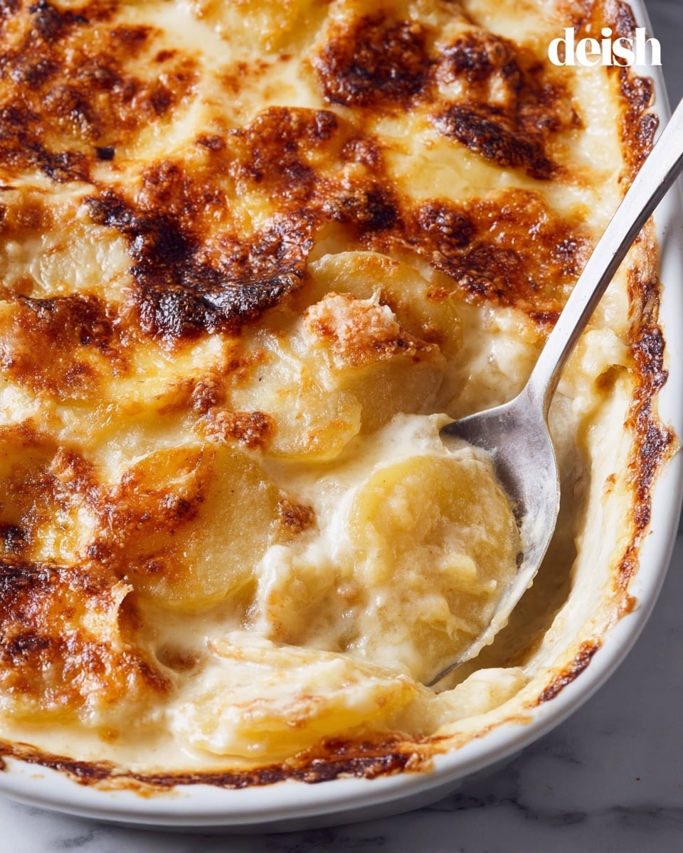 The image shows a close-up of a potato gratin in a white ceramic dish. The dish has multiple layers: the top layer is golden brown and bubbly melted cheese with slightly crispy edges, beneath that are soft, creamy sliced potatoes in a rich white sauce. A spoon is scooping some of the gratin, revealing tender potato slices coated in sauce. The edges of the dish show some baked, browned bits where the cheese has crisped up. The background is a white marbled texture. photo taken with an iphone --ar 4:5 --v 7