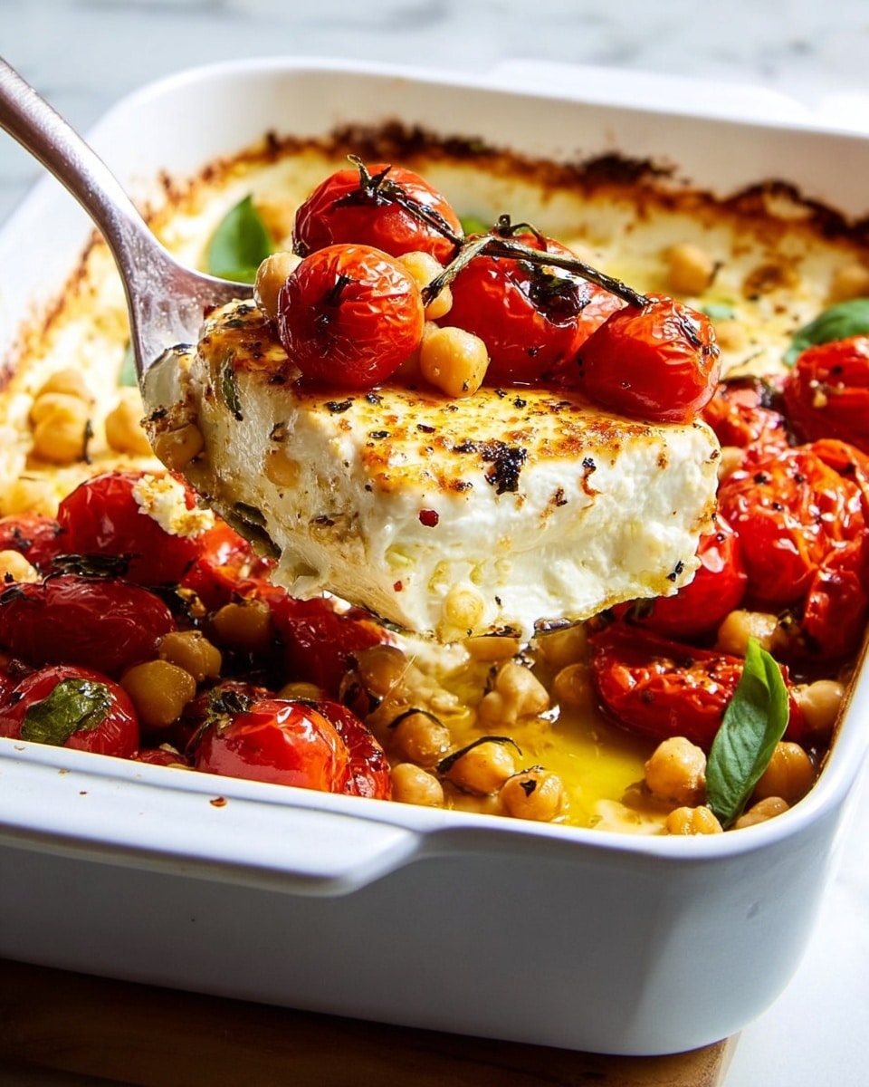 A white rectangular baking dish filled with a baked dish featuring a golden, slightly browned top layer of soft cheese with specks of black pepper. Underneath, there are bright red, roasted cherry tomatoes with wrinkled skins, scattered golden chickpeas, and fresh green basil leaves peeking through. A silver serving spoon is lifting a thick slice showing the creamy white inside of the cheese along with some chickpeas and a roasted tomato on top. The dish sits on a white marbled surface, with a soft light highlighting the textures and colors. Photo taken with an iphone --ar 4:5 --v 7