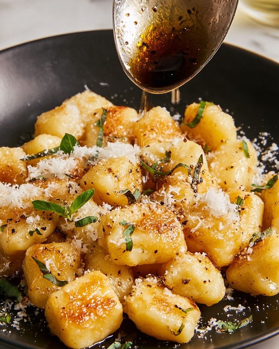 A close-up of a black plate filled with golden-brown gnocchi pieces, each with a slightly crispy outside and soft texture. The gnocchi are sprinkled with finely grated white cheese and small green herb leaves scattered around. A spoon above drizzles a dark brown sauce over the gnocchi, adding a glossy shine and some seasoning specks on top. The plate sits on a white marbled texture, highlighting the warm colors and textures of the dish. Photo taken with an iphone --ar 4:5 --v 7