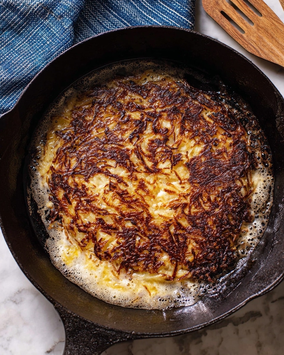 A close-up view of a single crispy potato pancake frying in a black cast iron skillet, showing one layer with a golden brown and dark browned uneven texture from the fried grated potatoes, surrounded by melted butter bubbling around the edges, sitting on a white marbled surface with a striped blue cloth beside the skillet and wooden spatulas nearby photo taken with an iphone --ar 4:5 --v 7