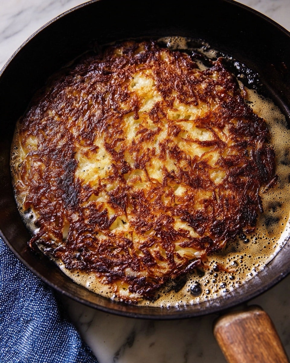 A close-up view of a crispy, golden-brown potato pancake cooking in a black cast iron skillet, with bubbling melted butter around its edges. The pancake has a rough, uneven texture from grated potatoes, with darker browned spots mixed with lighter golden areas, showing a crunchy surface. The pan sits on a white marbled surface, with a blue and white cloth partially visible in the bottom left corner and wooden utensil handles peeking in from the bottom right. Photo taken with an iphone --ar 4:5 --v 7