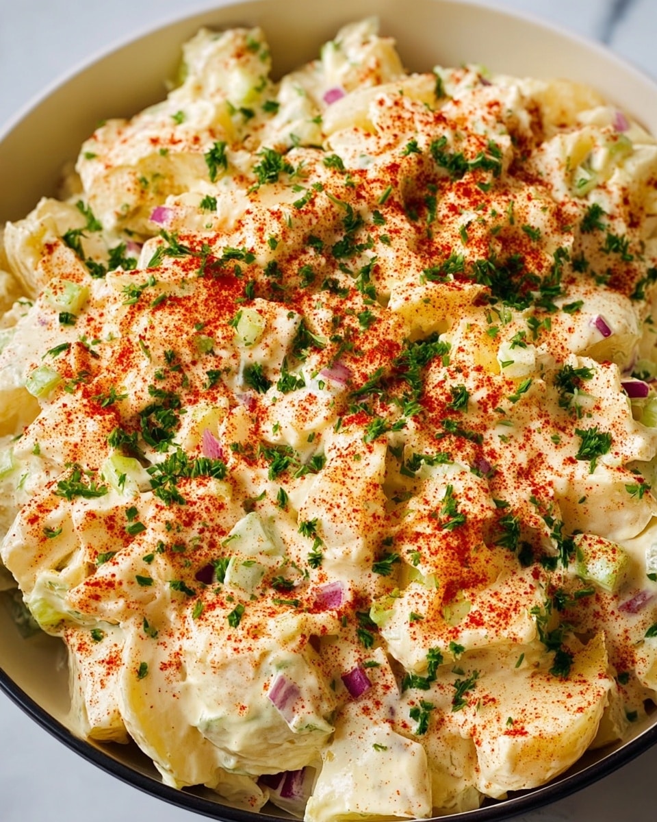 A close-up view of creamy potato salad in a white bowl, showing multiple layers starting with large, roughly chopped potato pieces coated in a thick, pale yellow mayonnaise dressing. Small bits of red onion and celery are mixed evenly throughout the salad, adding some texture and greenish-white colors. The top layer is sprinkled generously with bright red paprika powder and fresh, chopped green herbs scattered evenly all over, creating a vibrant contrast against the creamy potatoes. The bowl is placed on a white marbled surface, enhancing the fresh and clean look of the dish. Photo taken with an iphone --ar 4:5 --v 7