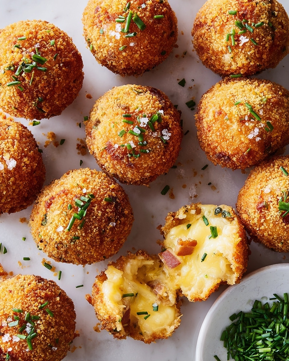 A group of round, golden-brown, crispy fried balls stacked closely together on a white rectangular dish, with some green chive pieces sprinkled on top for garnish; the surface of the balls is textured with coarse breading. In front of the dish, one ball is broken open, showing its soft inside with a creamy, light yellow mixture mixed with bits of green chives and reddish pieces, adding color contrast. The dish rests on a wooden surface with scattered chive pieces, and the background is a simple white marbled texture. photo taken with an iphone --ar 4:5 --v 7