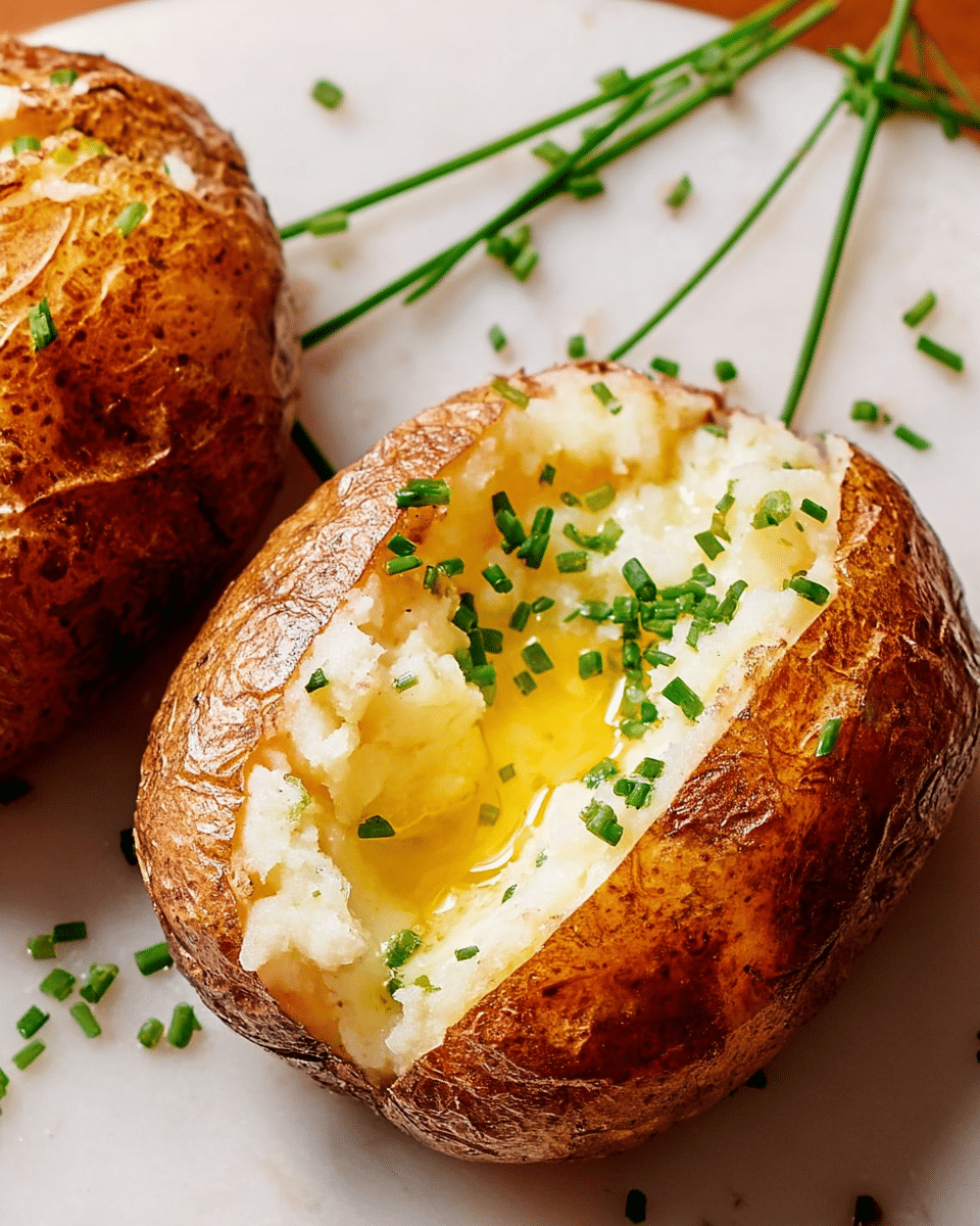 Four baked potatoes with browned, wrinkled skins are shown on a white marbled surface. Each potato is split open on top, revealing soft, fluffy pale yellow-inside layers. Inside each opening, there is a thick pat of melting pale yellow butter, sprinkled with black pepper. Large flakes of coarse salt rest on the skins and surface around the potatoes, adding texture and contrast. The overall look is warm, rustic, and appetizing. photo taken with an iphone --ar 4:5 --v 7