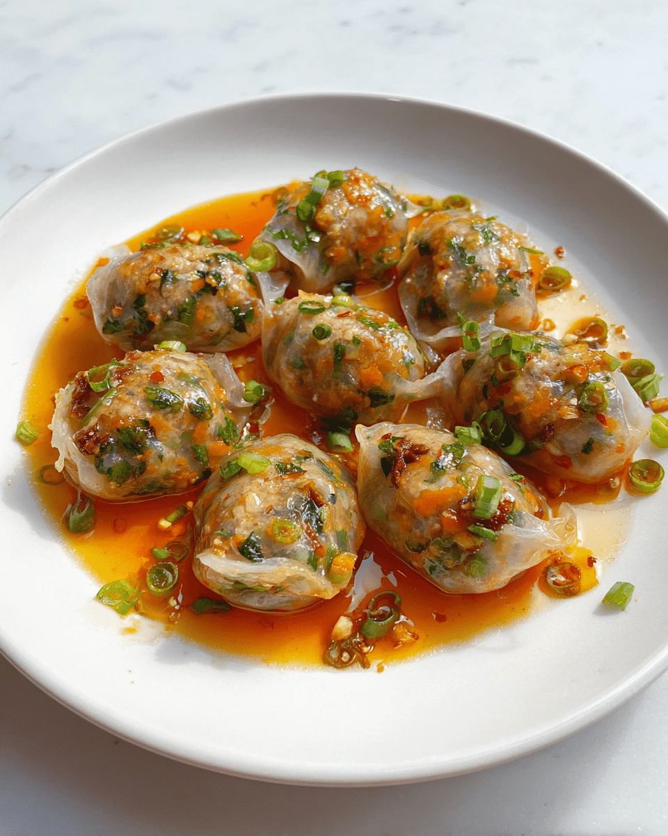 The image shows eight translucent dumplings arranged on a white plate, each filled with a mix of finely chopped ingredients in shades of orange, green, and brown. The dumplings are covered with a clear, slightly shiny wrapper that reveals filling of diced vegetables and possibly meat. They sit in a reddish-orange sauce that pools around them with visible green onion slices and small bits of garlic scattered on top and in the sauce. The plate rests on a white marbled surface. photo taken with an iphone --ar 4:5 --v 7