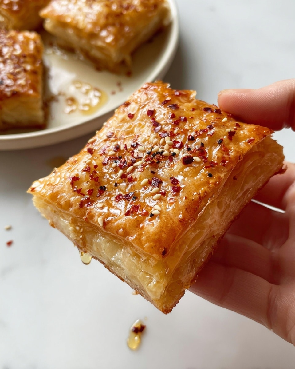 A close-up view shows a golden-brown square pastry with a crispy, flaky texture and a crimped edge holding the layers together. The top is sprinkled with small red and black flakes, likely spices, and a drip of shiny syrup adds a sticky glaze over parts of the surface. The pastry is held by a woman's hand with fingers gripping gently from below. In the blurred background, part of a white plate holds more similar pastries with syrup droplets visible around them. The scene is set on a white marbled surface. photo taken with an iphone --ar 4:5 --v 7