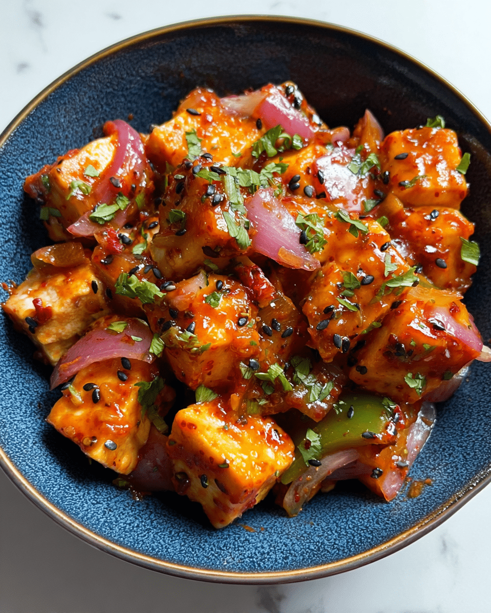 A bowl filled with a colorful stir-fry made of cubed paneer cheese coated in a thick red sauce, mixed with slices of green bell pepper, red bell pepper, and onion pieces. The paneer pieces are creamy white with a slight golden tint where the sauce clings, while the peppers and onions add green, red, and light purple colors with a slightly glossy texture. The bowl is white with a dark blue inside, and a golden fork is lifting a small mix of paneer and green pepper. The background is a white marbled texture. photo taken with an iphone --ar 4:5 --v 7