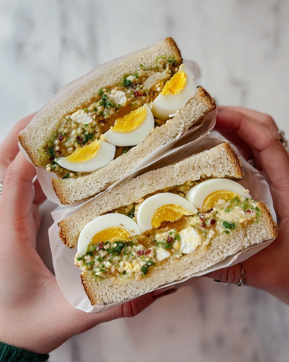 A close-up view of a sandwich cut in half, held by two woman's hands against a white marbled texture. The sandwich has two thick slices of light beige bread with a soft texture. Inside, there is a layer of chopped mixture with green herbs and small red bits in the middle, and on top, several slices of cooked egg with white and yellow yolk placed evenly. The sandwich is wrapped partially in thin white paper. Photo taken with an iphone --ar 4:5 --v 7