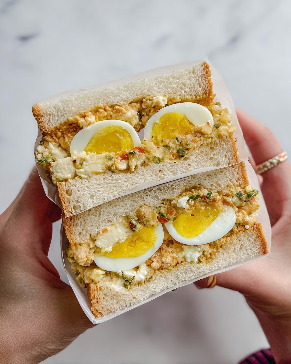 A close-up photo shows a sandwich held by a woman's hands, split in half to reveal its layers. The sandwich has two thick slices of light beige bread with a soft, airy texture. Inside, there is a layer of soft boiled egg slices with bright yellow yolks and white edges placed on top. Underneath the eggs, there is a chunky mixture with bits of white, green, and red ingredients, suggesting a savory filling with herbs and spices. The sandwich is wrapped partly in thin white paper, with the background a clean white marbled texture. photo taken with an iphone --ar 4:5 --v 7