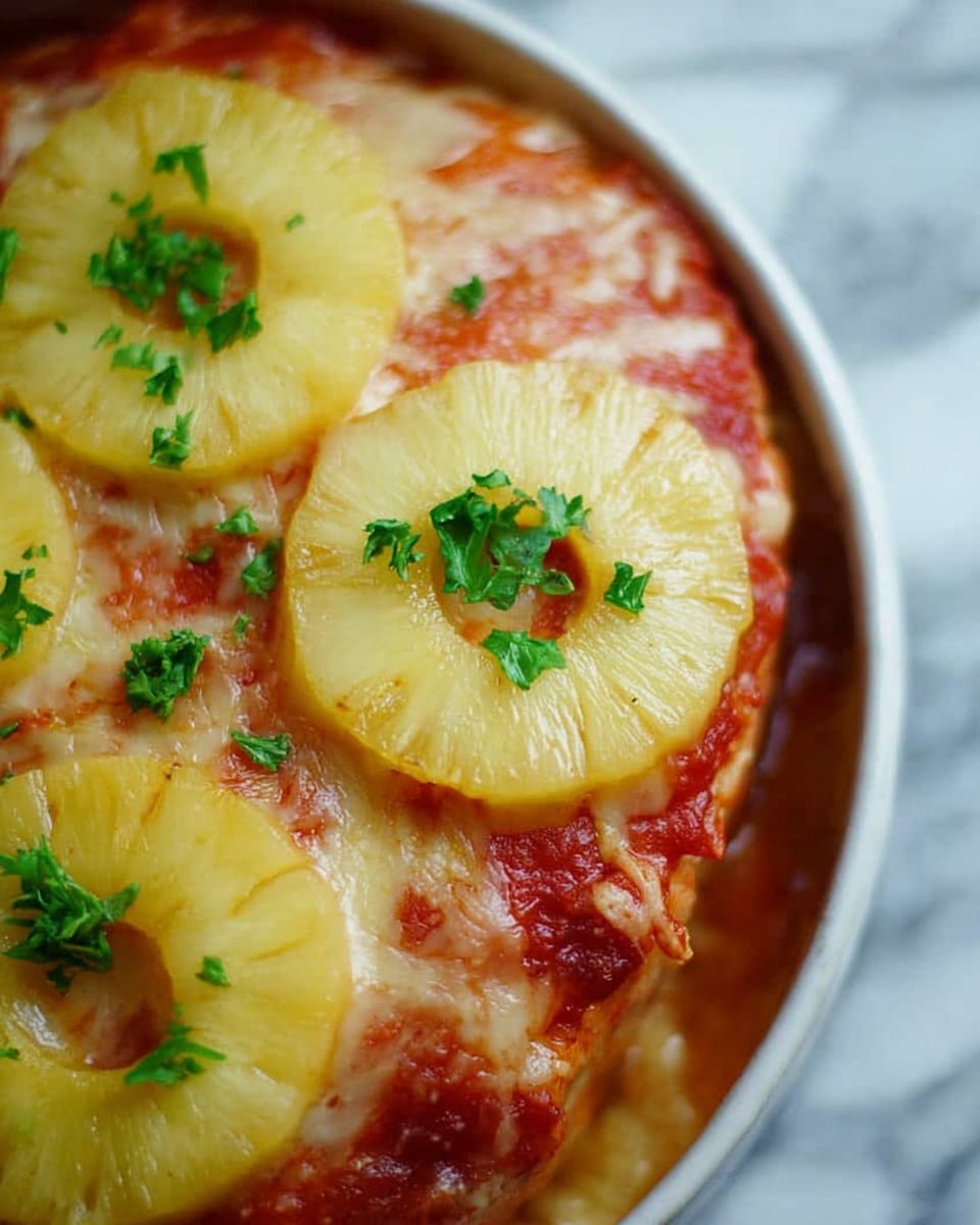 The dish shows a close-up of several layers starting with a base of melted creamy cheese with a smooth texture and light golden color. On top of this cheese layer is a layer of red tomato sauce with visible bits of herbs mixed in. Above the sauce layer, there is more melted cheese that looks gooey and browned in some spots. Finally, the top layer has round yellow pineapple rings placed neatly, each one garnished with small green parsley leaves that add color contrast. The dish is placed on a surface with a white marbled texture. photo taken with an iphone --ar 4:5 --v 7