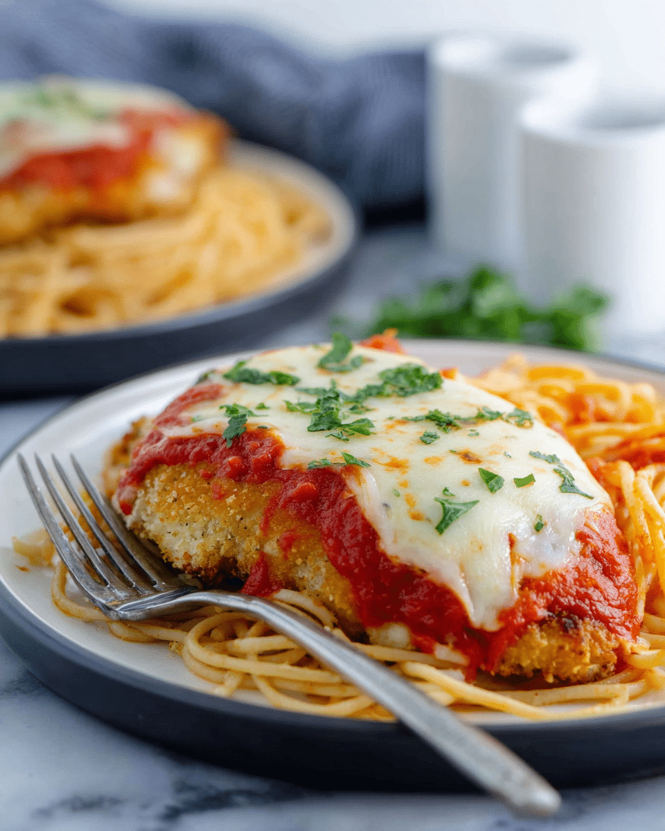 The image shows a white plate with a piece of breaded chicken cutlet covered in a layer of bright red tomato sauce, topped with a thick layer of melted white mozzarella cheese sprinkled with green parsley leaves. Next to the chicken is a portion of spaghetti with more red tomato sauce on top, and a fork resting on the edge of the plate. The dish sits on a white marbled surface with a blurred white cup and another plate with the same dish in the background. photo taken with an iphone --ar 4:5 --v 7
