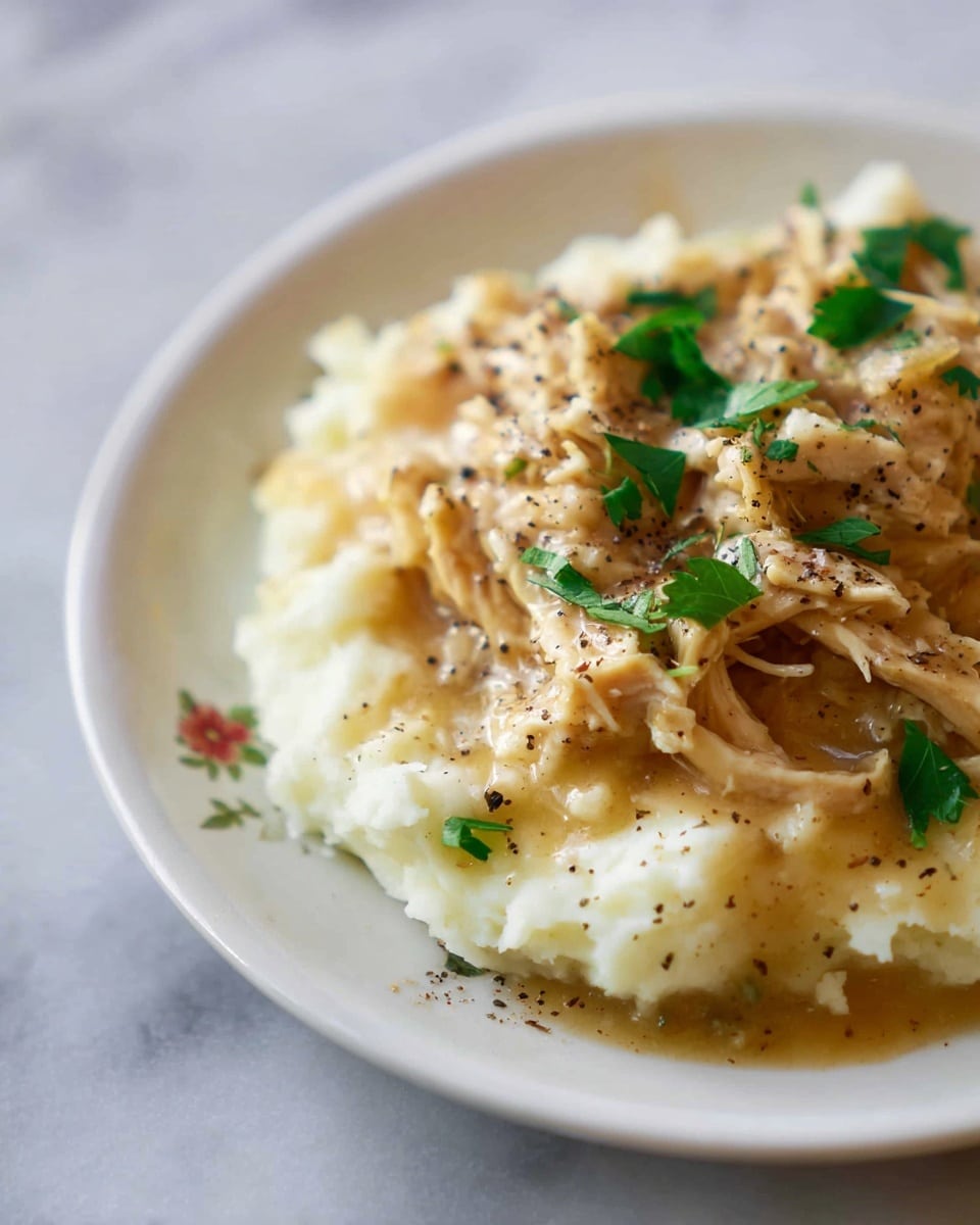 A black slow cooker filled with creamy shredded chicken in a pale yellow sauce, topped with small green parsley leaves and a light sprinkle of black pepper, sitting on a white marbled surface; nearby is a small white bowl with smooth mashed potatoes and a spoon, a wooden bowl filled with fresh green parsley, and a white plate with a silver fork and knife on a wooden cutting board. photo taken with an iphone --ar 4:5 --v 7