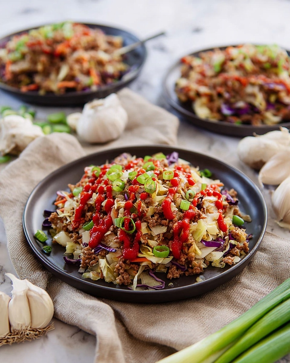The image shows a plate with three layers of food. The bottom layer is a mix of cooked ground meat and chopped cabbage in light beige and light green colors. Scattered within this mixture are thin strips of purple cabbage adding some dark purple accents. On top, bright red sauce is drizzled in a zigzag pattern across the dish. Small pieces of green onion are sprinkled lightly over the top for extra color. The plate is dark, round, and smooth. This plate sits on a beige cloth on a white marbled surface, and there are whole garlic bulbs, garlic cloves, and fresh green onions next to it. Two more plates of the same dish are visible in the background. photo taken with an iphone --ar 4:5 --v 7