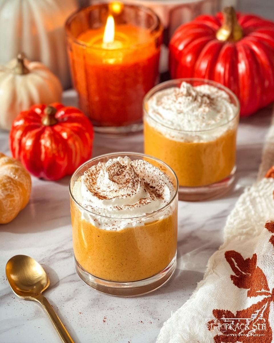 Two small clear glass cups contain three layers each: a bottom creamy thick orange pumpkin mousse layer, topped by a swirl of white whipped cream, and a dusting of brown cinnamon powder on the whipped cream. The cups are placed on a white marbled surface, next to a small shiny golden spoon on the left. In the background, there is a lit orange candle and two small decorative pumpkins, one red and one orange. A white cloth with brown and orange patterns is seen on the right side. The scene has warm lighting and a cozy fall atmosphere. photo taken with an iphone --ar 4:5 --v 7