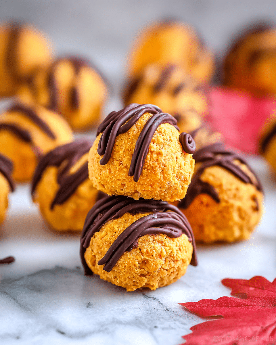 The image shows small round pumpkin-colored balls with a rough texture, stacked two high in the center, each topped with thin swirls of dark chocolate. Surrounding the main stack are several more of these pumpkin-colored balls, all drizzled with dark chocolate in random patterns. The treats are placed on a smooth white marbled surface, next to a bright red autumn leaf for decoration. The overall look is warm and inviting, with a focus on the soft texture and chocolate drizzle. photo taken with an iphone --ar 4:5 --v 7