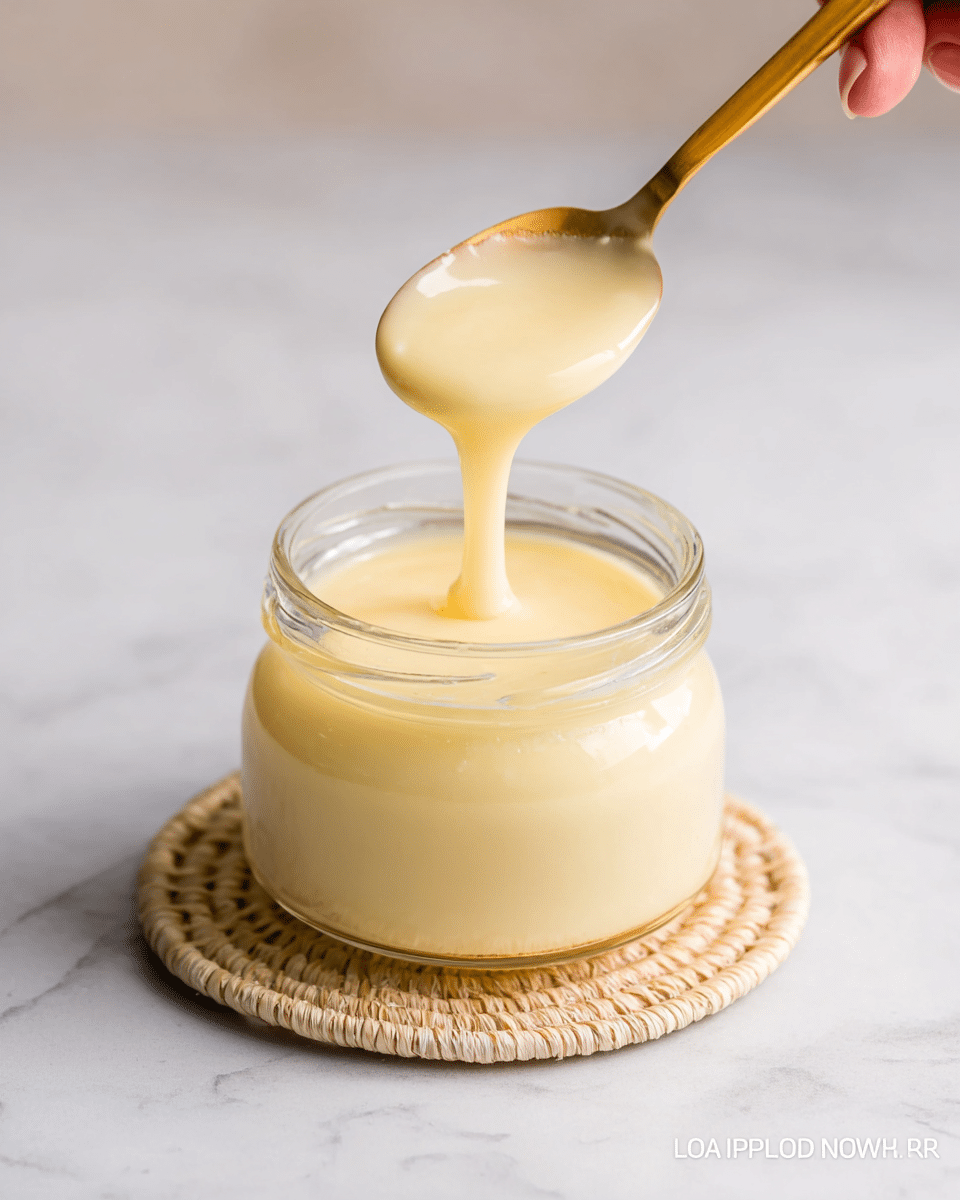 A clear glass jar filled with smooth, creamy, pale yellow sauce is placed on a white woven coaster on a white marbled surface, while a golden spoon lifts some of the thick sauce above the jar, showing its silky texture as it slowly drips back. photo taken with an iphone --ar 4:5 --v 7