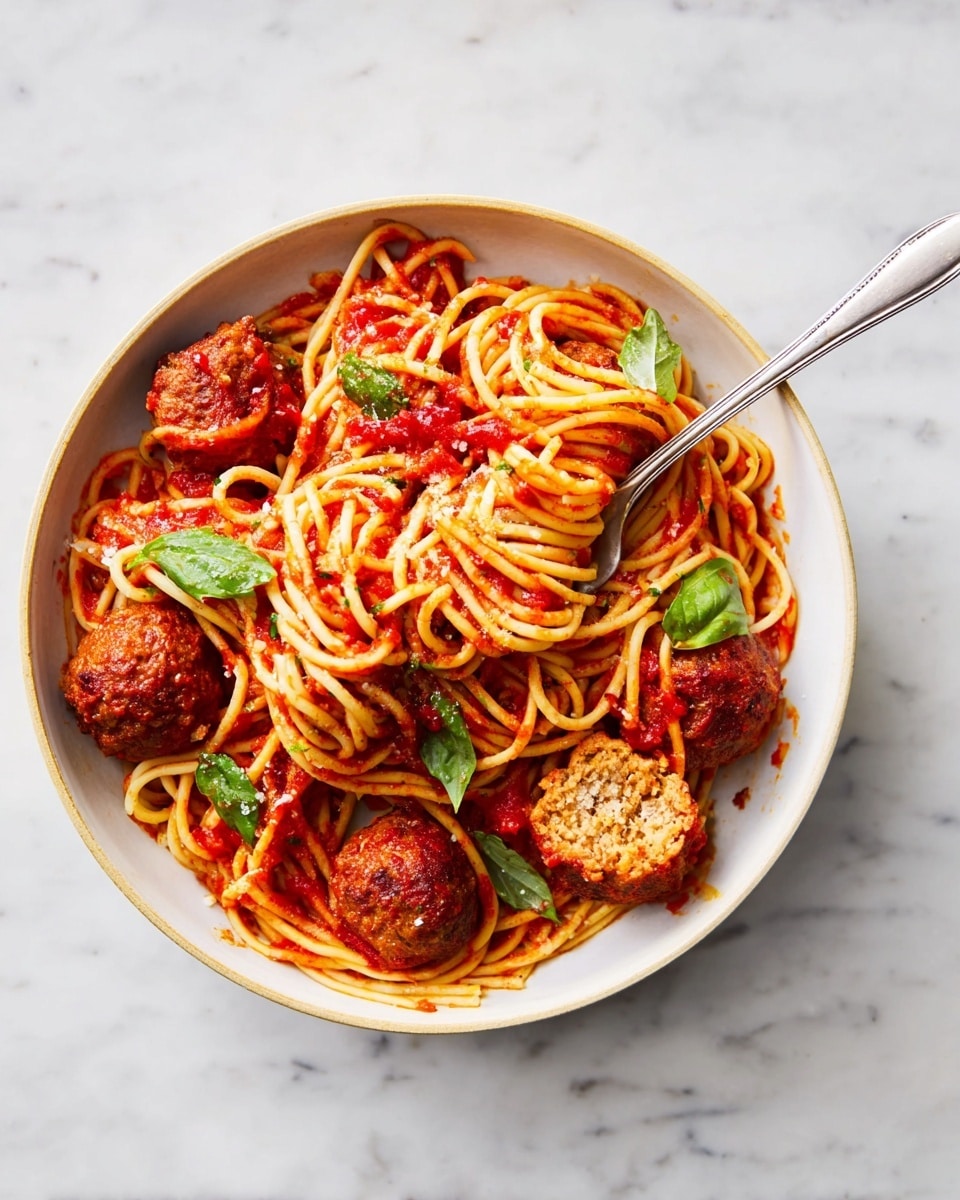A round white bowl filled with a serving of spaghetti and meatballs in red tomato sauce. The pasta strands are long, light yellow, and mixed well with the sauce, wrapping around several medium-sized, brownish-red meatballs with one meatball cut open showing a crumbly inside. Fresh green basil leaves are scattered on top, adding a pop of color. A silver fork rests on the right side of the bowl, twirling some spaghetti. The bowl is set on a white marbled textured surface. photo taken with an iphone --ar 4:5 --v 7