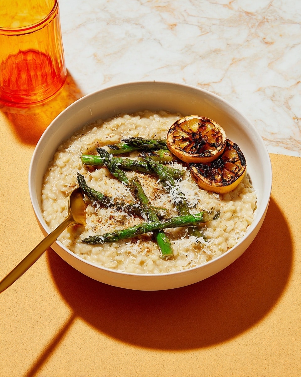 A white bowl holds a creamy risotto layer, light beige in color with a soft, slightly sticky texture. On top, several short grilled green asparagus pieces with slight char marks add a touch of darker green and brown. Two round, charred lemon slices rest on one side, showing golden-brown caramelization with darker spots. The dish is lightly sprinkled with pale, fine grated cheese. A gold fork sits inside the bowl on the left side. The bowl is set on a white marbled surface with an orange glass casting a shadow above it. Photo taken with an iphone --ar 4:5 --v 7
