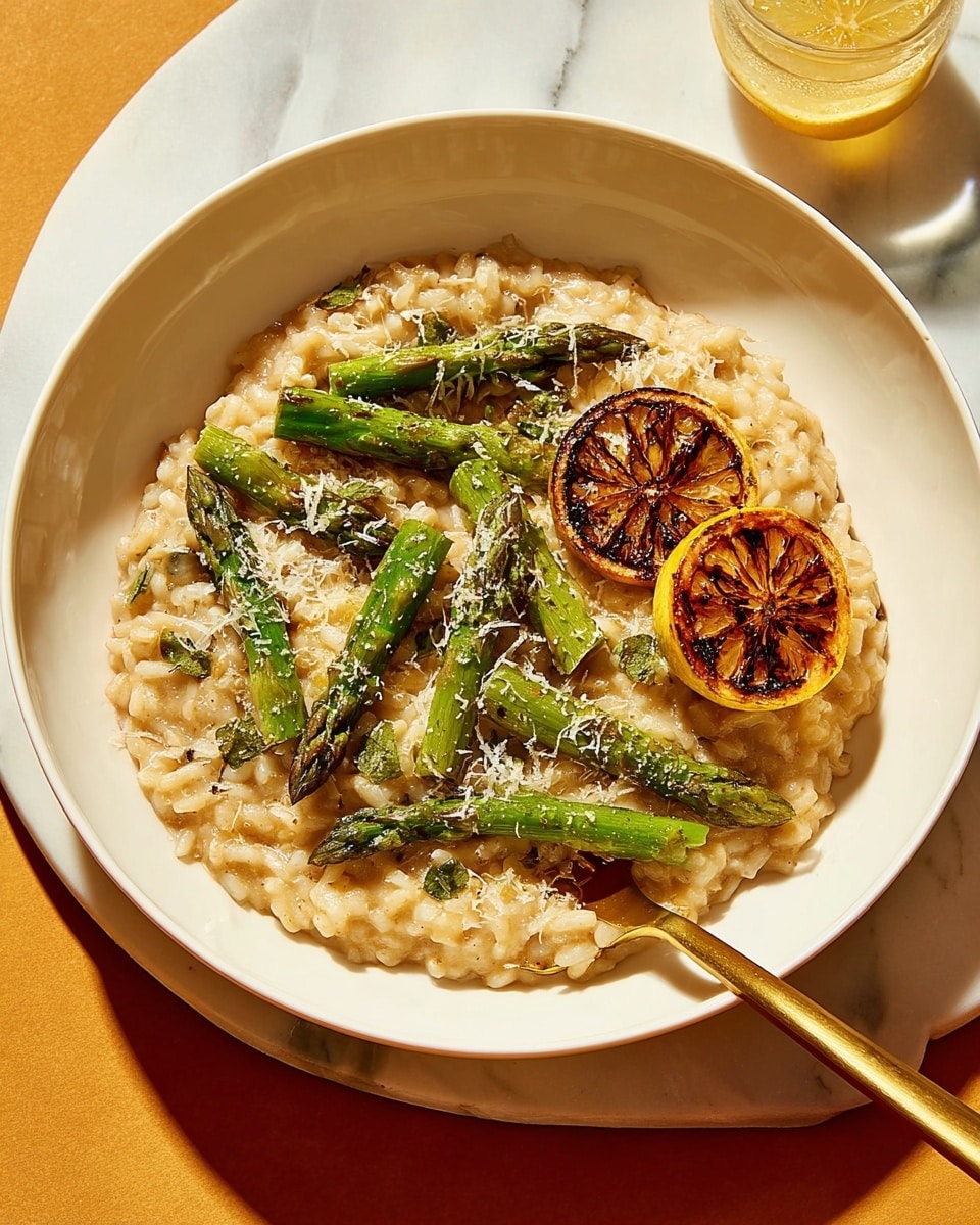 A white bowl filled with creamy light brown risotto, mixed with bright green grilled asparagus pieces spread evenly on top and inside the rice. There are two caramelized, golden-brown lemon slices placed neatly on one side of the bowl. The dish is sprinkled with a fine layer of grated pale yellow cheese, and a gold fork rests on the edge of the bowl. The bowl is placed on a white marbled surface with warm lighting highlighting the textures and colors. photo taken with an iphone --ar 4:5 --v 7