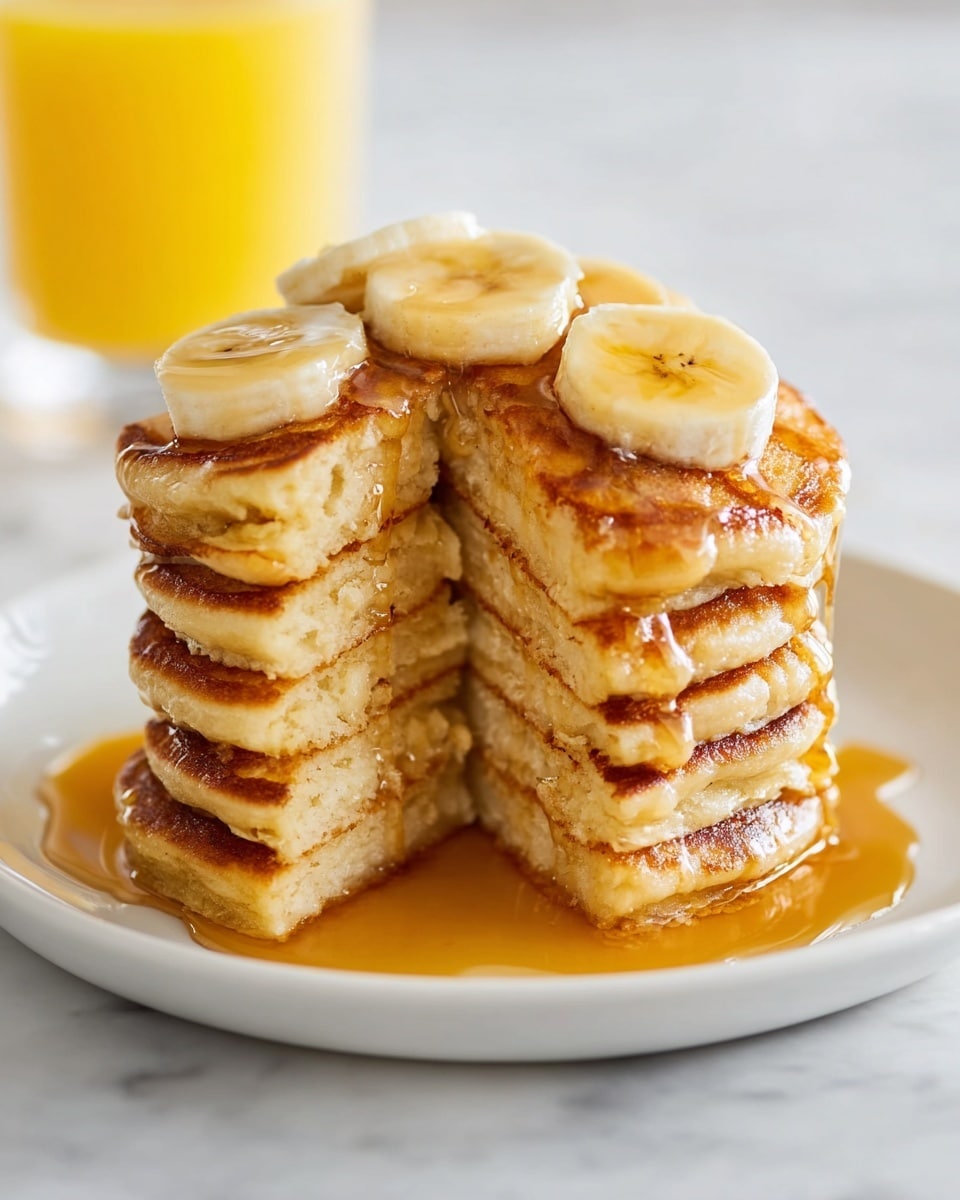 A stack of six thick golden-brown pancakes is shown with a wedge cut out, revealing the soft and fluffy texture inside. The pancakes are neatly layered on a white plate placed on a white marbled surface. On top of the stack, there are several slices of yellow banana arranged evenly. Amber-colored syrup is generously poured over the banana and pancakes, dripping down the sides and pooling slightly on the plate. In the blurred background, a glass of orange juice is visible. photo taken with an iphone --ar 4:5 --v 7