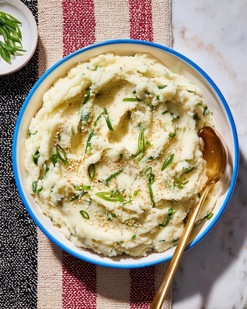 A bowl of mashed potatoes with visible green onion slices mixed in, creating a layered texture of creamy white mashed potatoes and bright green onion pieces spread throughout; the surface is sprinkled with light tan sesame seeds. The mashed potatoes have a slightly rough, chunky texture with a golden spoon resting on the right side of the bowl, scooping into the mash. The bowl is white with blue speckles and a subtle blue rim, placed on a patterned cloth with red, black, and brown lines on a white marbled surface. Nearby, there is a white bowl with sesame seeds and a white striped plate partially showing green beans. Photo taken with an iphone --ar 4:5 --v 7