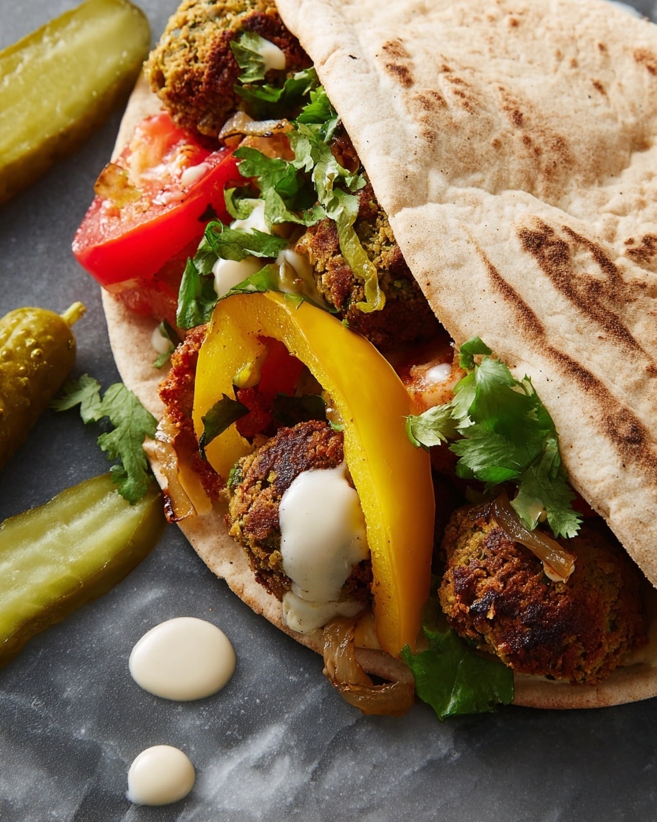 The image shows two pita pockets on a dark surface replaced with a white marbled texture, one open and one closed, both with a light brown toasted exterior with darker spots. The open pita on the left is stuffed with layers starting from crispy green falafel crumbles, topped with yellow grilled pineapple chunks and red roasted pepper, fresh green herbs, drizzled with creamy white sauce. On the left side outside the pita are extra falafel pieces, grilled yellow pineapple, a pickle slice, and a roasted onion piece. To the right of the pita pockets is a white bowl filled with a smooth beige creamy sauce. Photo taken with an iphone --ar 4:5 --v 7
