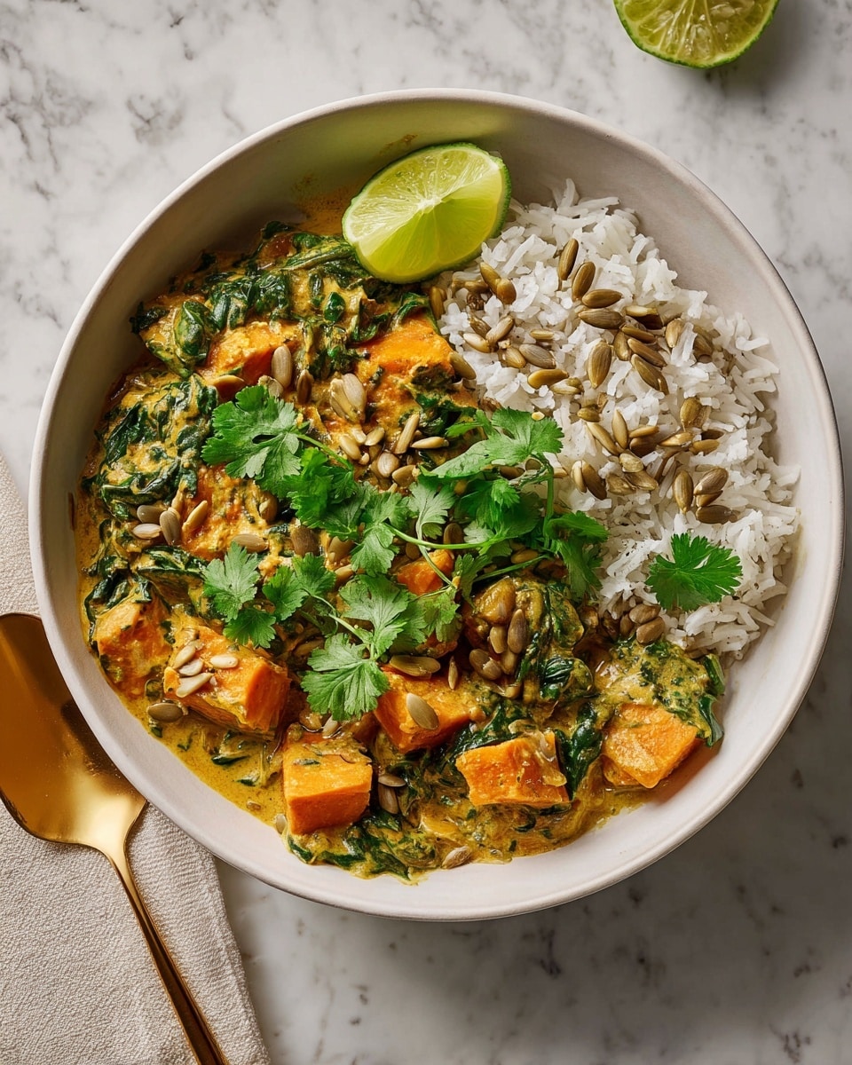 A white bowl shows a dish with two main parts: on the right side, there is a layer of white rice topped with a few sunflower seeds and a lime wedge placed at the edge. The left side is filled with a creamy curry made of orange sweet potato chunks and green leafy spinach mixed in a yellowish sauce, garnished with fresh flat green parsley leaves and sprinkled sunflower seeds. The bowl rests on a white marbled surface with a gold spoon nearby. Photo taken with an iphone --ar 4:5 --v 7