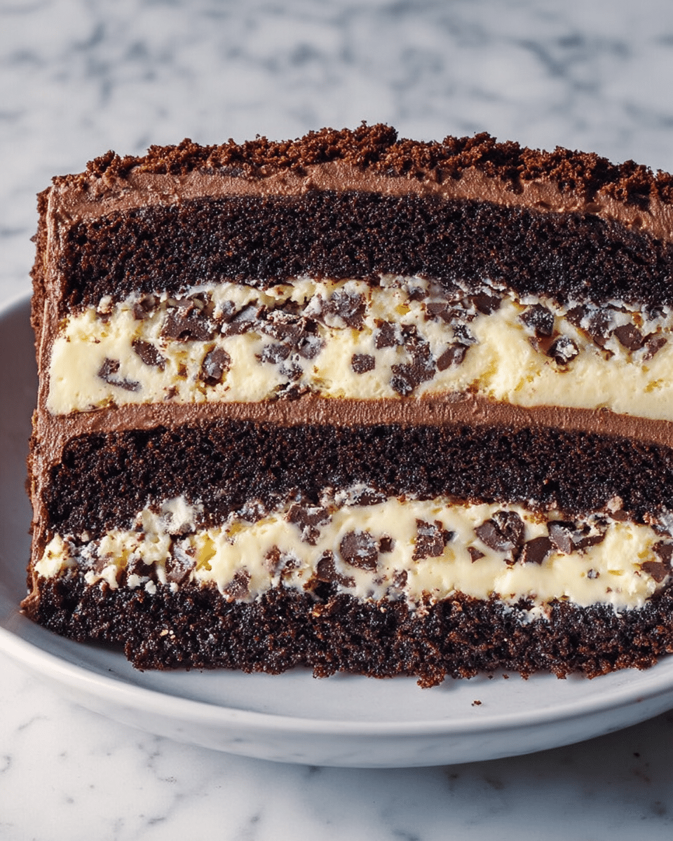 A slice of chocolate layer cake on a large white plate with a silver rim is shown on a white marbled surface. The cake has four layers: three dark brown, moist chocolate sponge layers alternating with two creamy, white filling layers that have small chocolate pieces inside. The top of the cake is covered with a smooth, thick swirl of chocolate frosting. Around the main plate, there are smaller white plates and cups with coffee and a glass with amber liquid. photo taken with an iphone --ar 4:5 --v 7