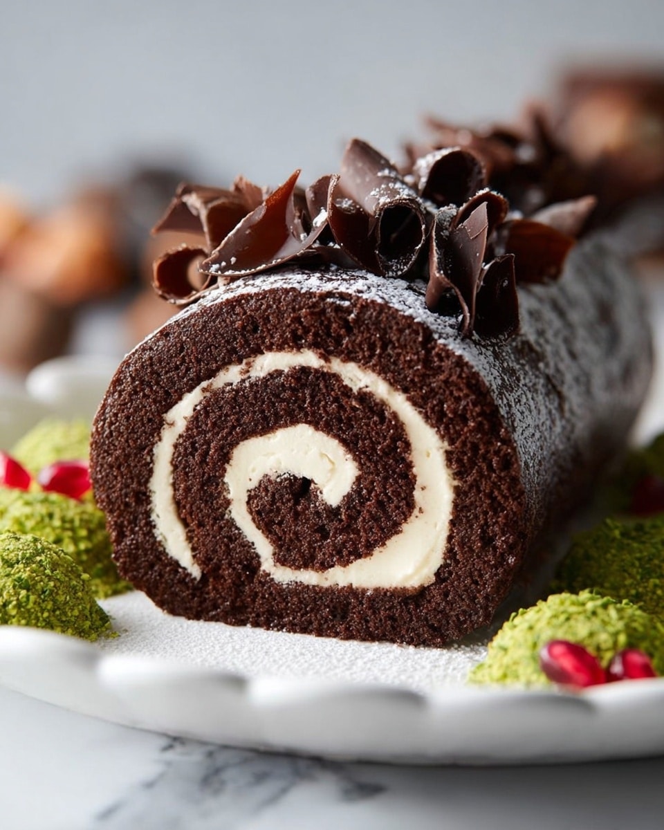 A chocolate roll cake is shown on a white scalloped edge plate with a white marbled texture background. The cake has two layers: a dark brown chocolate sponge cake rolled tightly with a creamy white filling inside, forming a spiral pattern. Around the outside, there are curled dark chocolate pieces decorating the edge like petals. The cake is dusted lightly with powdered sugar. On the plate next to the cake are dollops of bright green cream with small red pomegranate seeds resting on top, adding color contrast to the scene. In the background, the rest of the cake and some blurred green and brown elements can be seen. Photo taken with an iphone --ar 4:5 --v 7