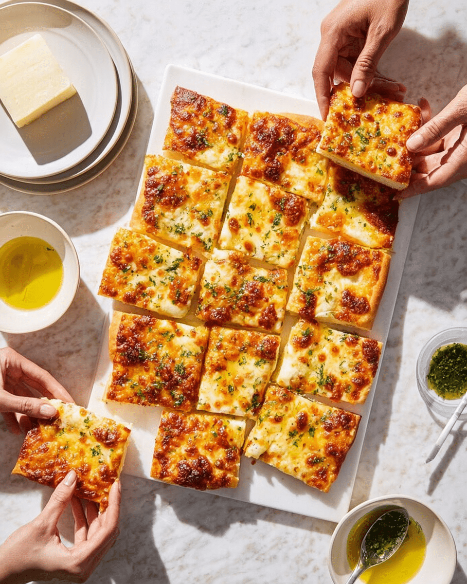 A white rectangular board holds a pizza cut into twelve square pieces with golden brown crust edges, melted cheese covering the top that is slightly browned in spots, and small green herb sprinkles scattered evenly across each piece. Two woman's hands reach in from opposite sides, each holding a slice of pizza. Near the board on the white marbled surface are two white plates stacked with the middle one empty, a small white round dish with a large piece of cheese, and another white bowl filled with green herb oil and a spoon inside it. The whole scene is lit brightly, showing the pizza's crispy texture and melted cheese. photo taken with an iphone --ar 4:5 --v 7