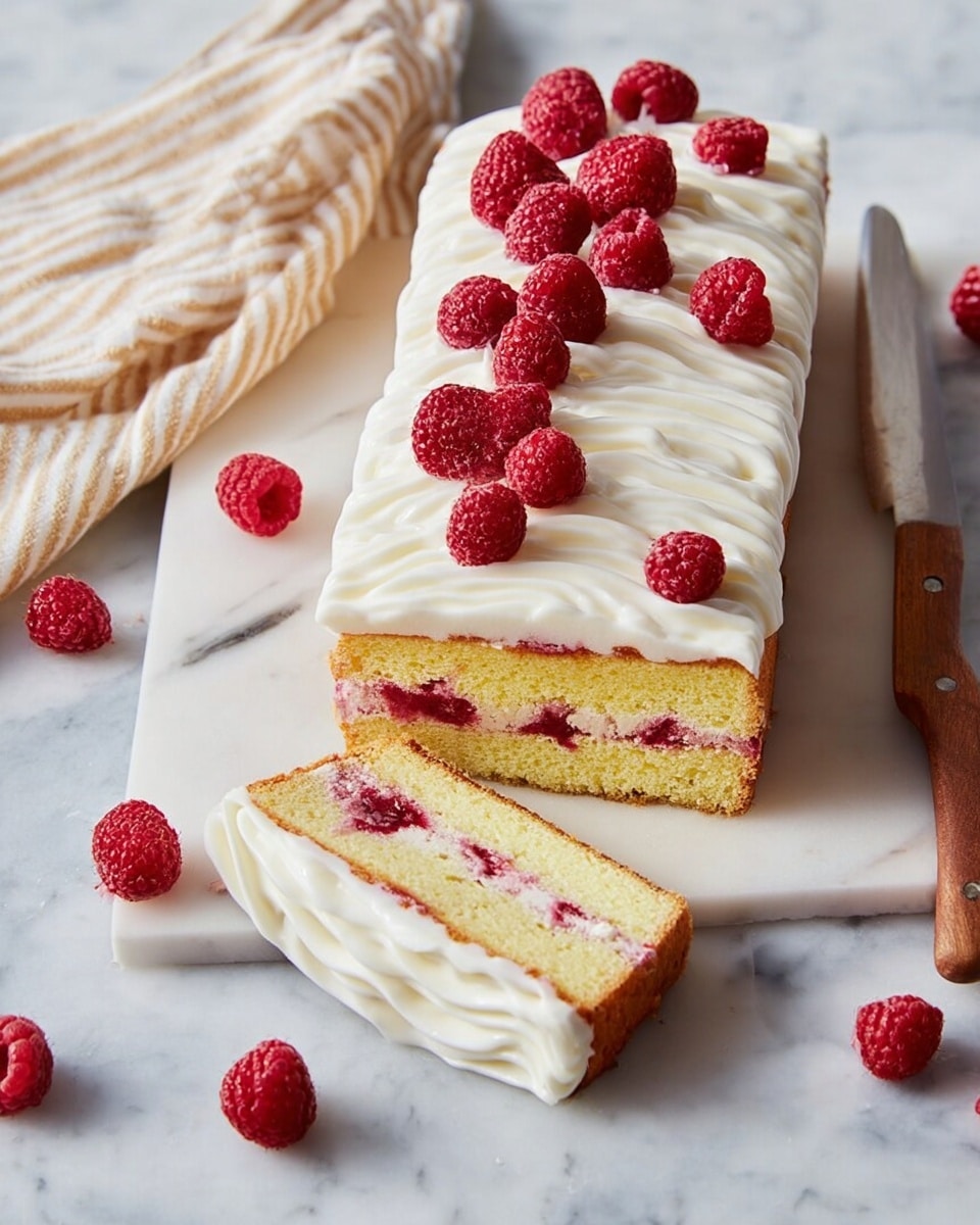 The image shows a rectangular slice of cake with three layers of light yellow sponge cake separated by thick white cream layers mixed with small red raspberries. On top of the cake, there is a thick layer of white cream piped in a wave pattern, decorated with several whole red raspberries. The cake is placed on a white marbled board, with a few raspberries beside it. The background features a blurred white marbled texture and a bag of flour. photo taken with an iphone --ar 4:5 --v 7