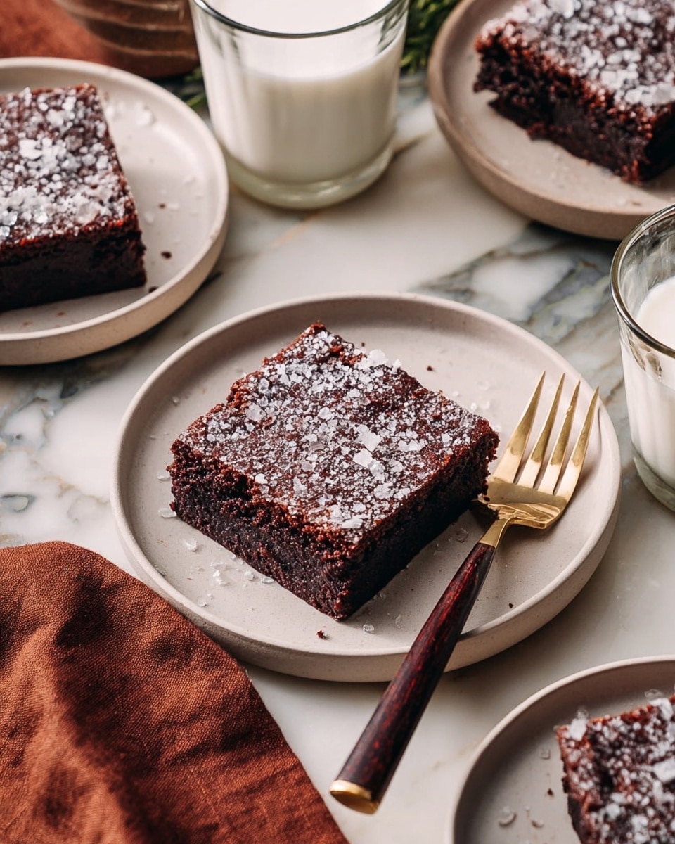 A square piece of rich dark chocolate cake topped with a thick scoop of creamy white vanilla ice cream sits on a white plate. The cake's top layer is textured with coarse sugar crystals, giving it a slightly rough, sparkling finish. A small cut piece of the cake, dark and moist inside, rests on a gold and dark wooden fork positioned on the plate's edge. The setting includes a glass of milk nearby and other plates with similar chocolate cake pieces around, all placed on a white marbled surface with a textured brown cloth to the side. photo taken with an iphone --ar 4:5 --v 7
