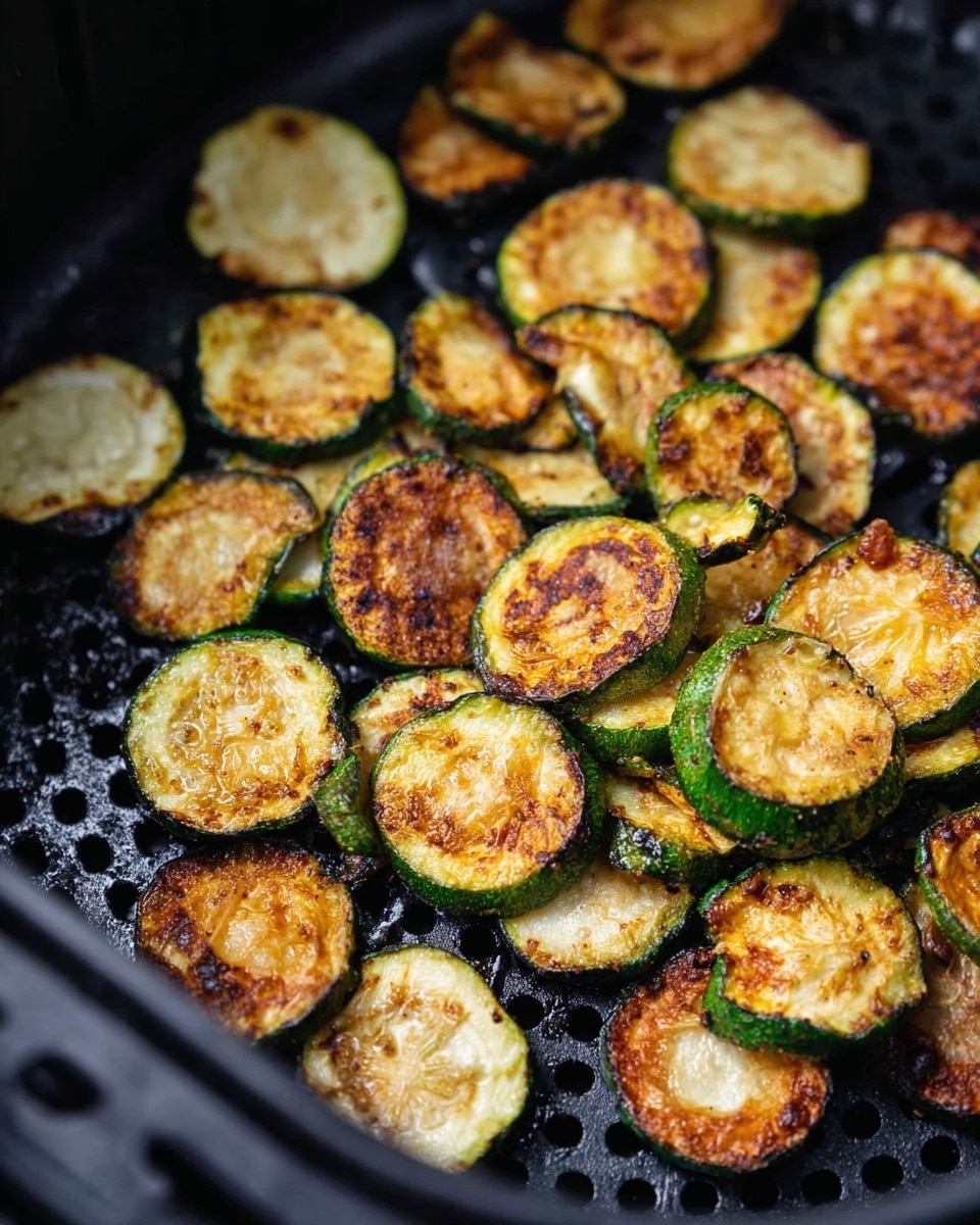 The image shows thinly sliced zucchini pieces cooked to a golden brown color with some darker char spots, arranged loosely on a black air fryer basket with a vented pattern. The zucchini slices vary in size and shape, some round and some half-moon, with a lightly crispy texture visible on their surfaces. The green outer skin contrasts with the slightly caramelized, soft-looking interior of the slices. The background inside the air fryer is dark, enhancing the warm tones of the cooked zucchini. photo taken with an iphone --ar 4:5 --v 7