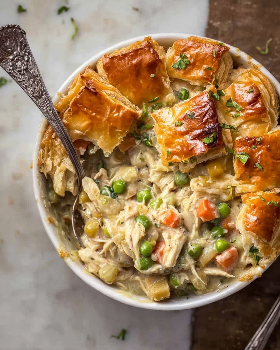 The image shows a bowl of chicken pot pie with a visible thick layer of crispy golden-brown pastry on top. Beneath the crust is a creamy mixture of shredded white chicken meat, small green peas, and orange carrot pieces, all mixed with a rich, light-colored sauce. Fresh green herbs are sprinkled on top for color. The food is served in a white bowl, with an ornate silver spoon resting inside. The whole scene is set on a white marbled texture surface. photo taken with an iphone --ar 4:5 --v 7