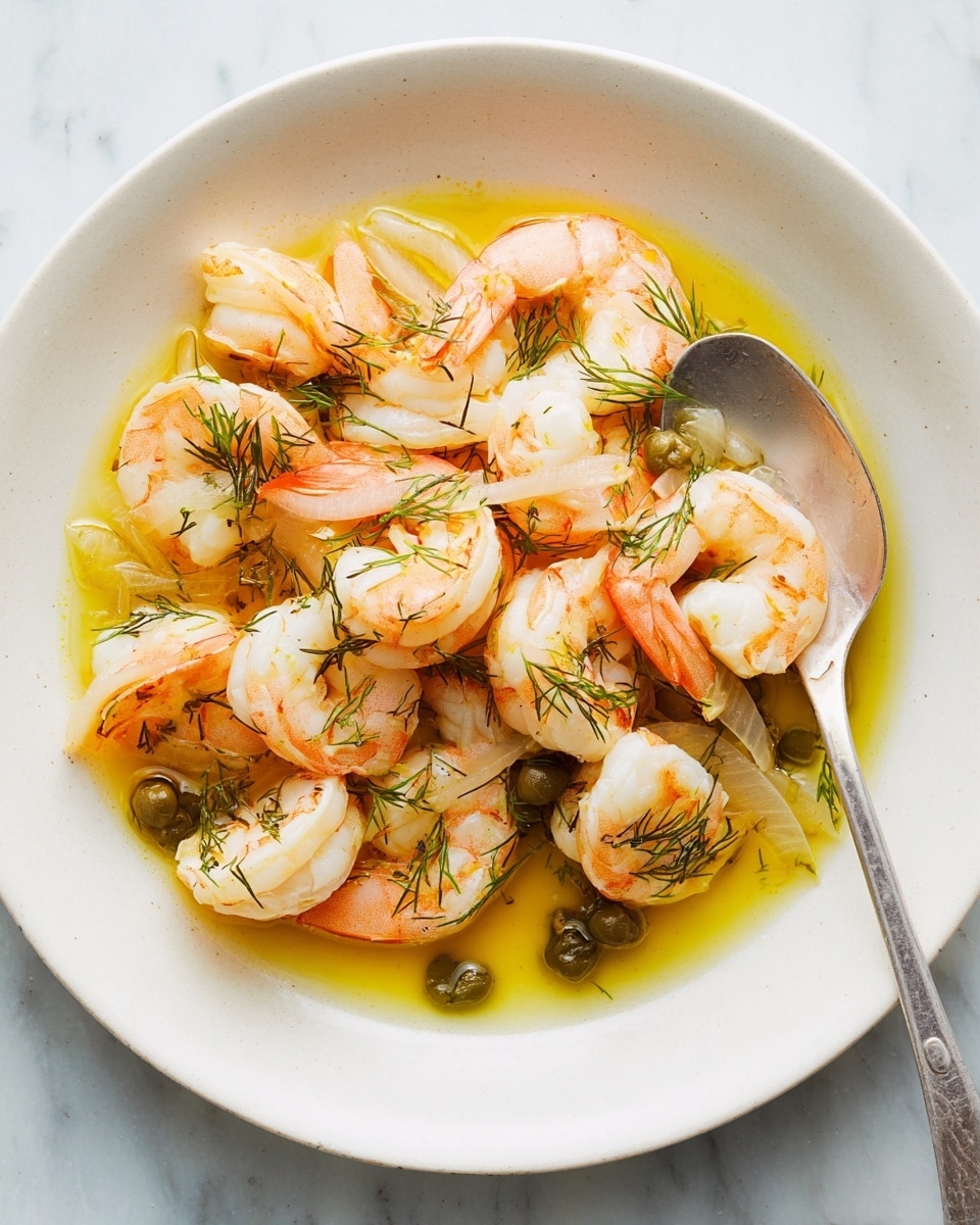A white bowl filled with cooked shrimp showing pale pink and white colors, scattered with thin green dill leaves and small round green capers. The shrimp rest in a golden yellow oily sauce with visible pieces of translucent sliced onions. A silver spoon lies on the right edge of the bowl, partially resting in the sauce. The bowl is set on a white marbled texture surface. photo taken with an iphone --ar 4:5 --v 7