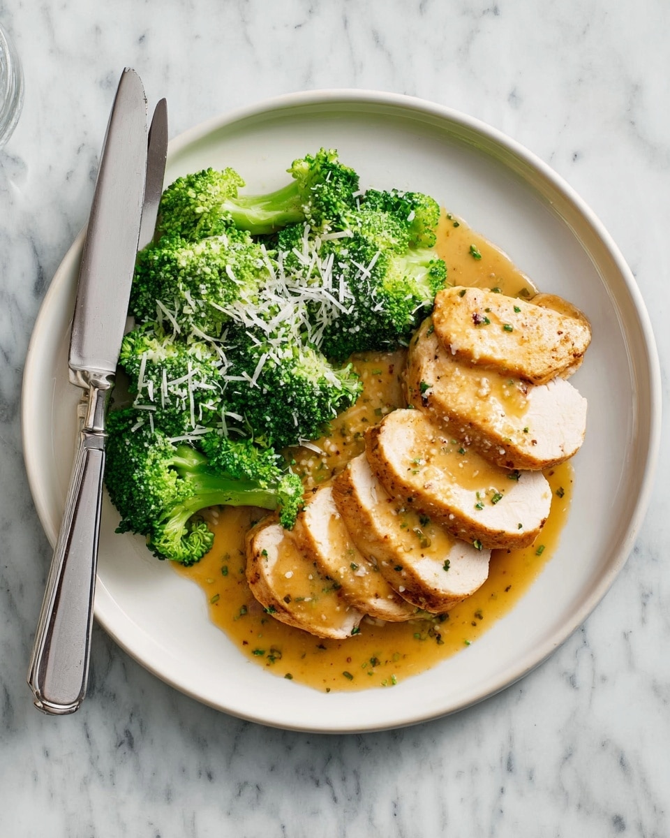 A white plate holds a meal with two main parts: on the left, bright green broccoli pieces with a slightly wet look, sprinkled with fine white shavings, likely cheese; on the right, sliced chicken breast arranged in four pieces with a golden-brown sauce spread under and around them, showing a smooth texture with small bits of seasoning; the broccoli is also partly covered by the sauce. A silver fork and knife rest neatly on the left side of the plate against a white marbled surface background. photo taken with an iphone --ar 4:5 --v 7