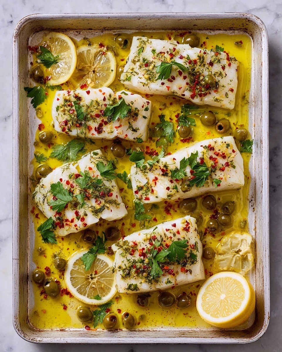 The image shows a metal tray filled with six pieces of white fish fillets that are seasoned with red chili flakes and olive oil. The fish sits atop a layer of green olives scattered across the tray, with several thin yellow lemon slices spread evenly around and under the fish. Fresh green parsley leaves are placed on top of the fish and around the tray, adding a fresh look. In the bottom right corner, there is a lemon wedge positioned next to the other ingredients. The tray is on a white marbled surface, creating a clean and bright background. photo taken with an iphone --ar 4:5 --v 7