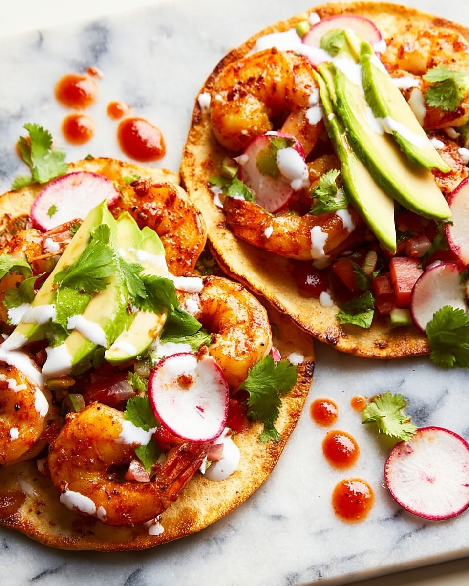 Two small toasted tortillas lie flat on a white marbled surface, each topped with multiple layers: the base is a fresh mix of finely chopped red tomatoes and onions, scattered with green cilantro leaves and thin radish slices with white centers and pink edges. On top of this, plump, orange-brown cooked shrimp are neatly placed. Slices of light green avocado fanned out layered on one of the tortillas add a creamy look. A white sauce is drizzled unevenly over the shrimp and vegetables, and small drops of red sauce surround the tortillas on the surface. photo taken with an iphone --ar 4:5 --v 7