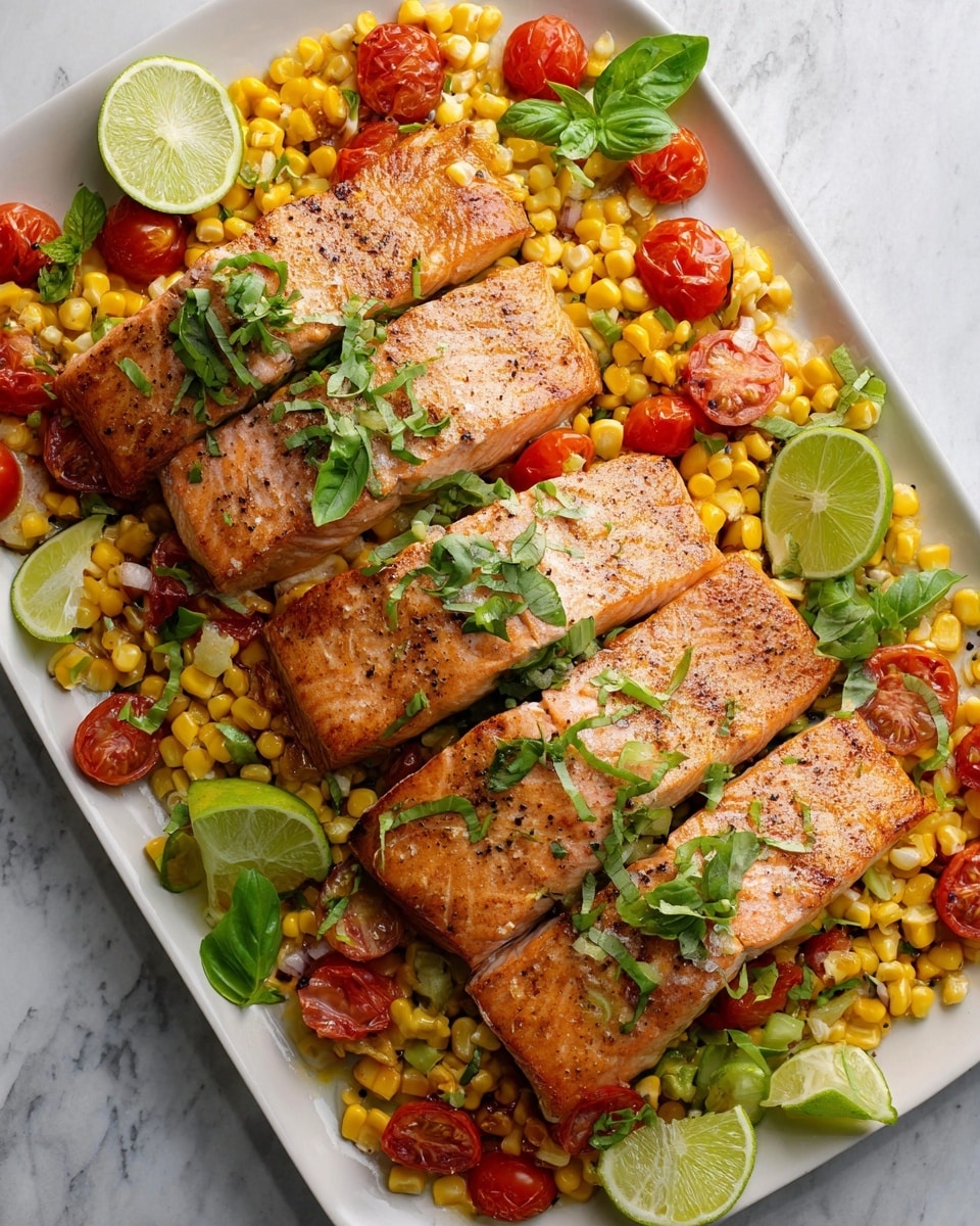 A white rectangular plate holds four pieces of cooked salmon fillets, each with a light pink color and light grill marks, evenly spaced on a bed of mixed corn kernels and halved cherry tomatoes. The corn is bright yellow, mixed with thin round slices of green onion and fresh green basil leaves scattered on top and around the salmon. There are also lime wedges placed at the bottom right corner of the plate, adding a green contrast. The dish is set on a white marbled surface. photo taken with an iphone --ar 4:5 --v 7