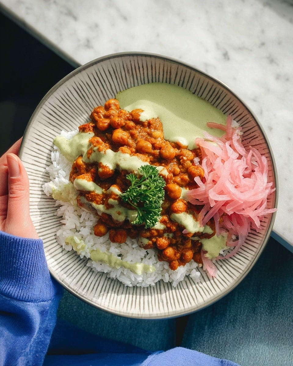 A white plate with a blue geometric pattern holds two main layers: on the left, a fluffy layer of white rice with a slightly shiny texture, and on the right, a thick orange-red sauce with chunks of food in it. On top of the sauce, there is a generous drizzle of a light green creamy sauce with a smooth texture and some visible small green specks. A gold spoon is partially dipped into the sauces on the right side. A woman's hand is holding the edge of the plate. The background is a white marbled texture. Photo taken with an iphone --ar 4:5 --v 7
