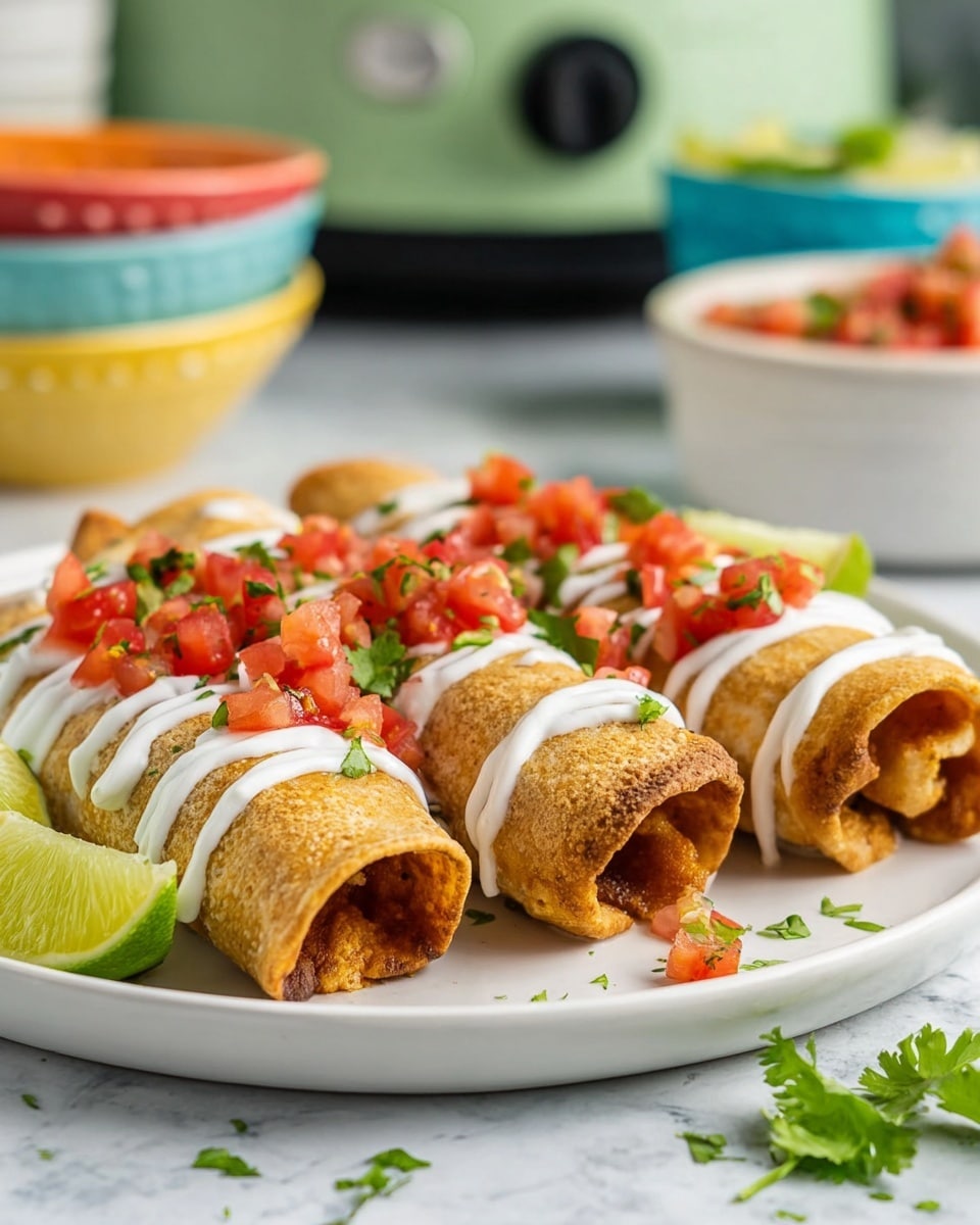 On a white plate, there are three golden-brown rolled tortillas lying side by side. Each rolled tortilla has a crispy texture with some darker spots from frying. On top of the tortillas, there are thick white drizzles of sour cream in vertical stripes. Above the sour cream, fresh and finely chopped bright red tomatoes mixed with green herbs create a colorful topping across all three rolls. A few green cilantro leaves are scattered on the tortillas and the plate. Around the plate, there are lime wedges with juicy green flesh. The scene is set on a white marbled surface with a blurred background showing colorful bowls and a green kitchen appliance. photo taken with an iphone --ar 4:5 --v 7