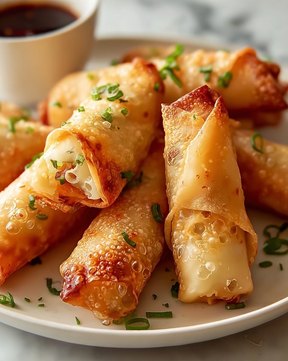 The image shows a close-up of six crispy golden-brown fried rolls, each with a bubbly texture on the thin, translucent outer layer. The rolls are placed on a white plate with gentle shadows, and some green chopped herbs sprinkled on top add color contrast. The rolls are shaped into small cylinders or cones with slightly open ends, revealing a bit of white filling inside. In the background, a white bowl with dark dipping sauce is partially visible, set on a white marbled surface that softly reflects light. The warm tones of the food stand out against the light background, giving a fresh and appetizing look. photo taken with an iphone --ar 4:5 --v 7