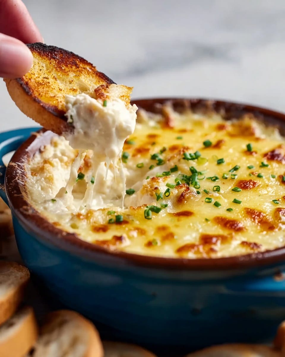 A round ceramic bowl with a blue outer edge filled with a creamy baked dish, showing two main layers: a smooth golden-yellow cheesy top with small browned spots and chopped green herbs sprinkled evenly over it, and below, a thick, white creamy mixture visible as a woman's hand scoops some with a toasted round bread slice, steam rising from the hot food, all placed on a white marbled surface photo taken with an iphone --ar 4:5 --v 7