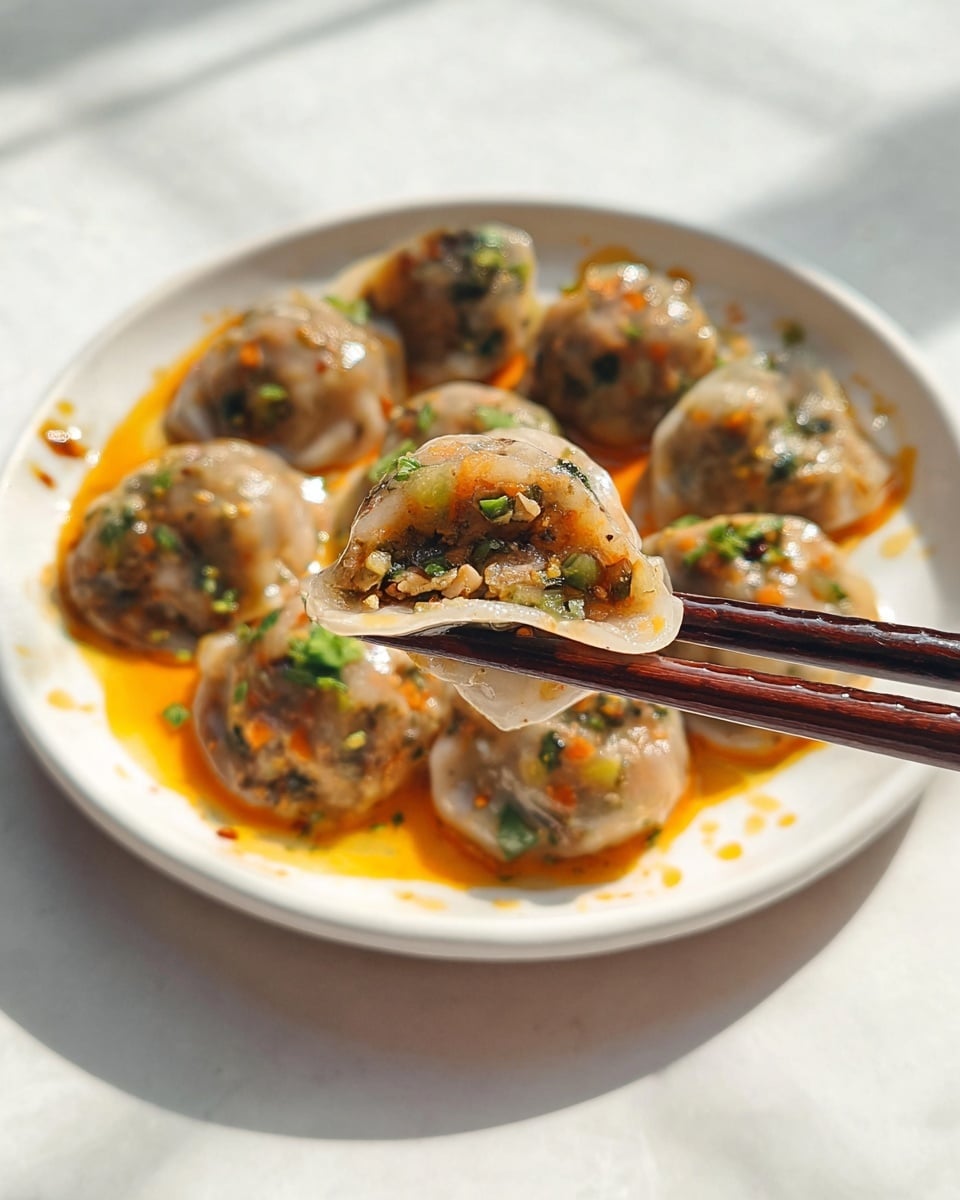 The image shows a white plate with about eight translucent dumplings filled with a colorful mix of chopped vegetables and meat, floating in an orange sauce with visible oil spots. Each dumpling is round and slightly glossy, revealing a mix of green, orange, and brown inside. One dumpling is held close to the camera by a pair of dark brown chopsticks, showing fine details of the filling and the thin, almost see-through wrapper around it. The plate rests on a white marbled surface with soft natural light casting gentle shadows. photo taken with an iphone --ar 4:5 --v 7